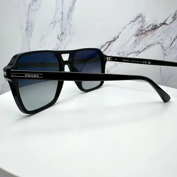 NEW PRADA Sunglasses Black Aviator Pilot 55-17mm Grey Lens Silver Logo - Picture 5 of 16